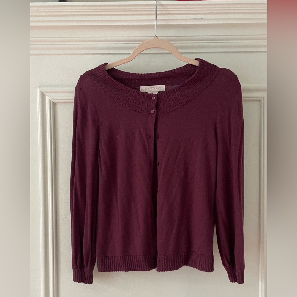 Gal Meets Glam Tamara Puff Sleeve Button Front Cardigan in Napa Grape